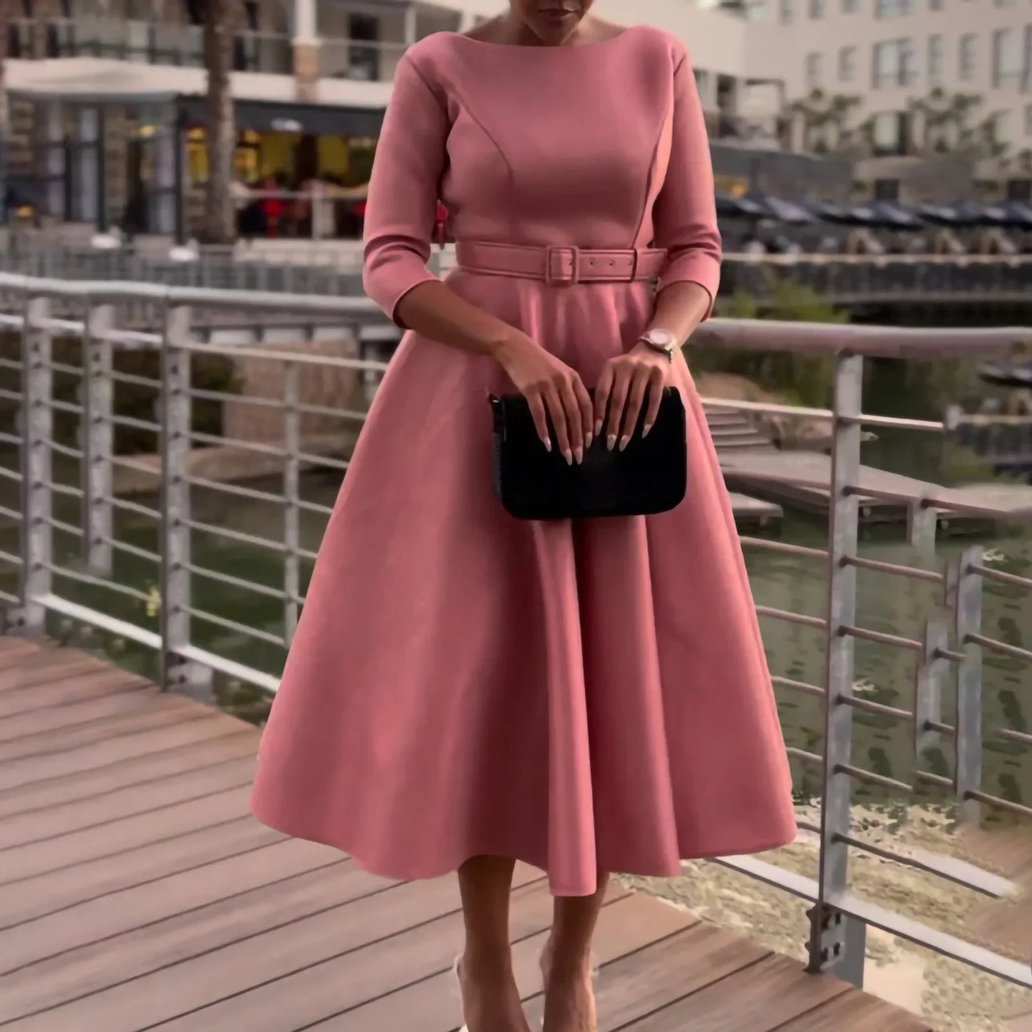Elegant Women Party Dresses A Line with Waist Belt Three Quarter Sleeves Classy Office Ladies Wedding Guest Gowns Female