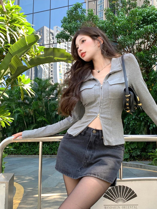 Women T-shirt Spring Autumn Clothes Ribbed Knitted Long Sleeve Short Tops Zipper Design Tee elegant Female Slim Tops - Golden Bridge Store