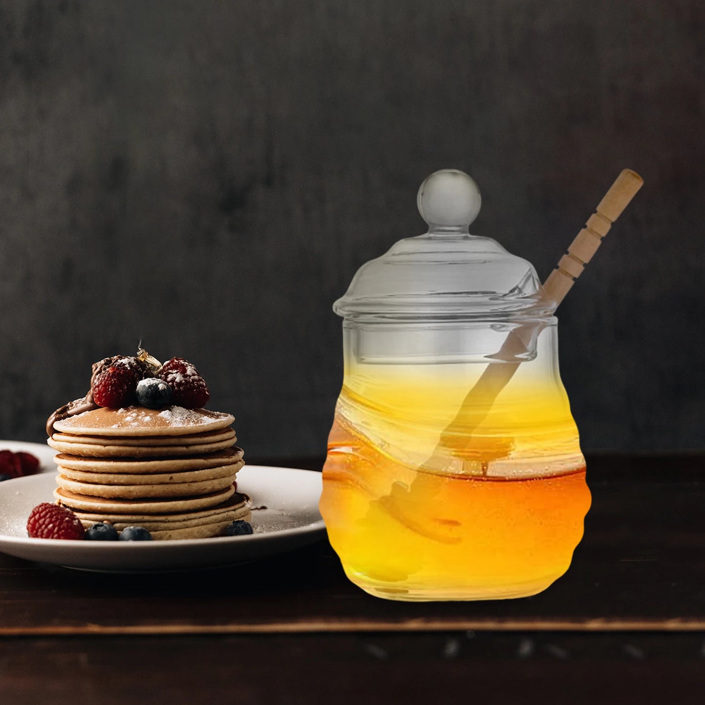 Glass Honey Pot Jar Kitchen Tools Honey Storage Container with Dipper and Lid Honey Bottle for Wedding Party Office Kitchen Home