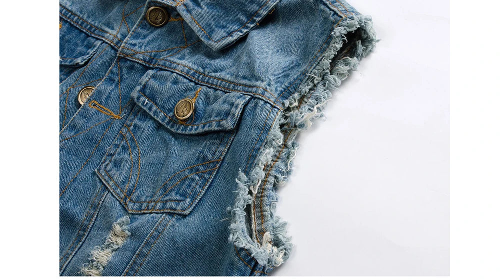 Men's Denim Vest Sleeveless Jackets Cotton Retro Streetwear Ripped Blue Jean Vests Fashion Hip Hop Waistcoat Men Clothing