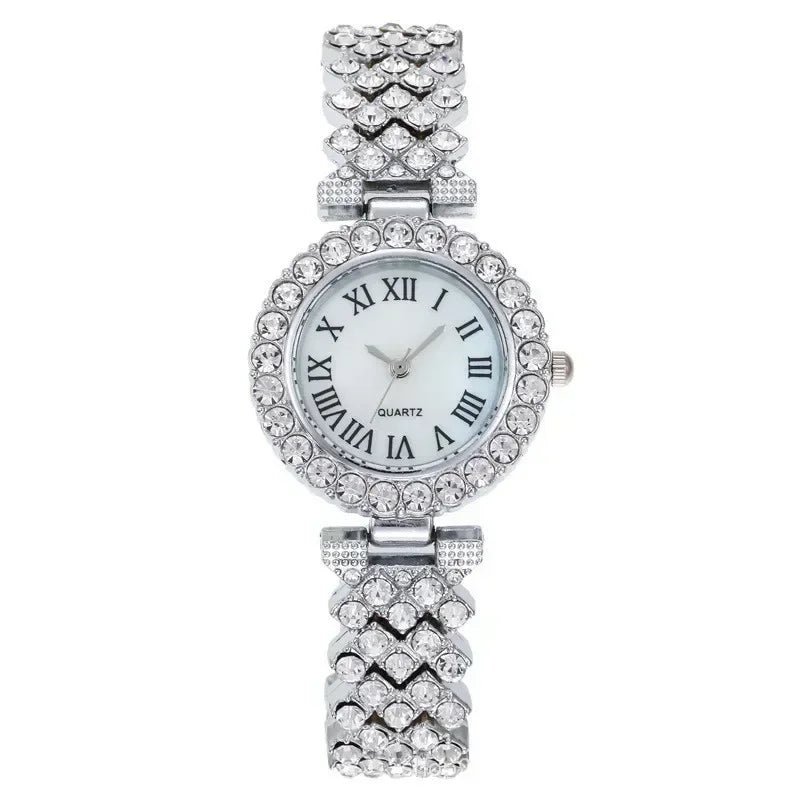 Mode Luxus Vollkristall 5-teiliges Set - Uhr Halskette Ohrringe Ring Set für Damen - Strass Armbanduhr Damen Armband Set Geschenk