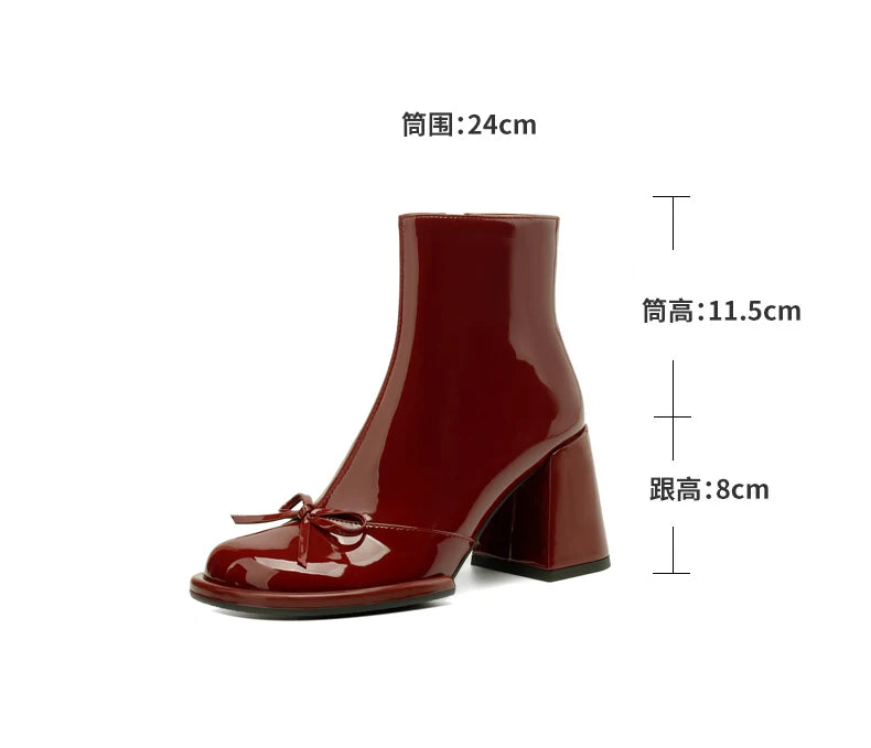 Elegant High Heels Women Ankle Boots Bow Sweet Shoes Winter New 2025 Trend Chunky Pu Leather Party Dress Snow Boots Pumps Mujer