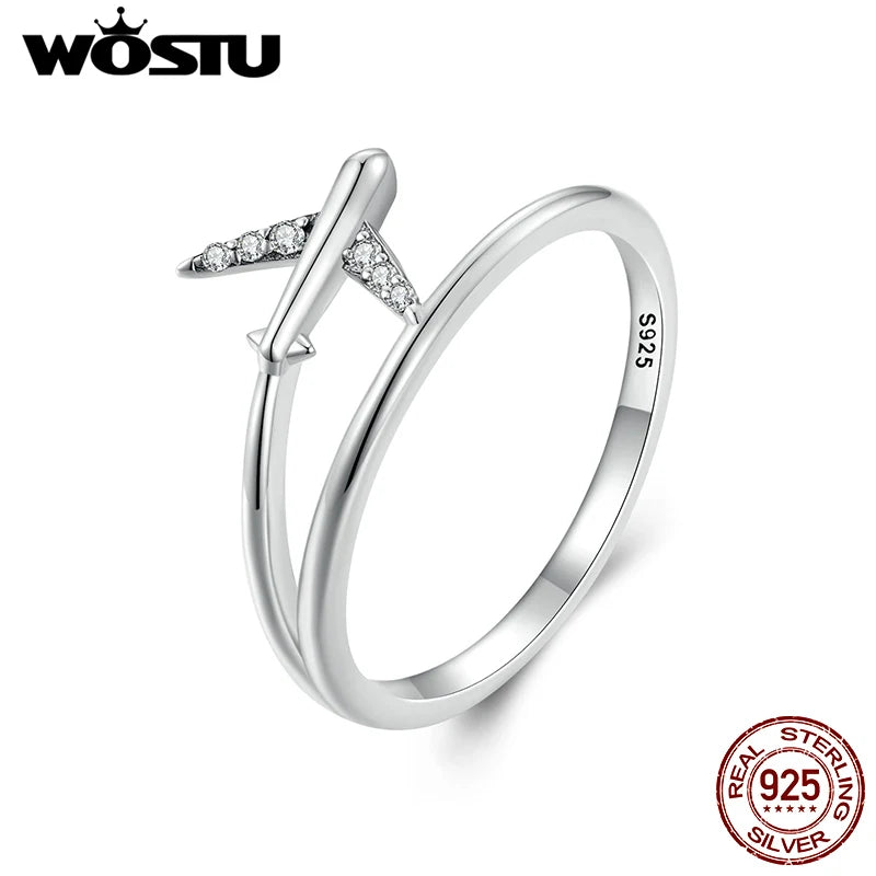 WOSTU 925 Sterling Silver Platinum Airplane Double Layer Rings Women Shining Zircon Airplane Ring Party Bijuterii Girl Holiday Gift
