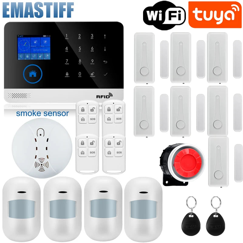 Alarmanlage 2025: Wireless Tuya APP SIM GSM Home RFID Burglar Security - LCD Touch Keyboard WIFI GSM Alarm System Sensor Kit Russian Spanish Voice Collection