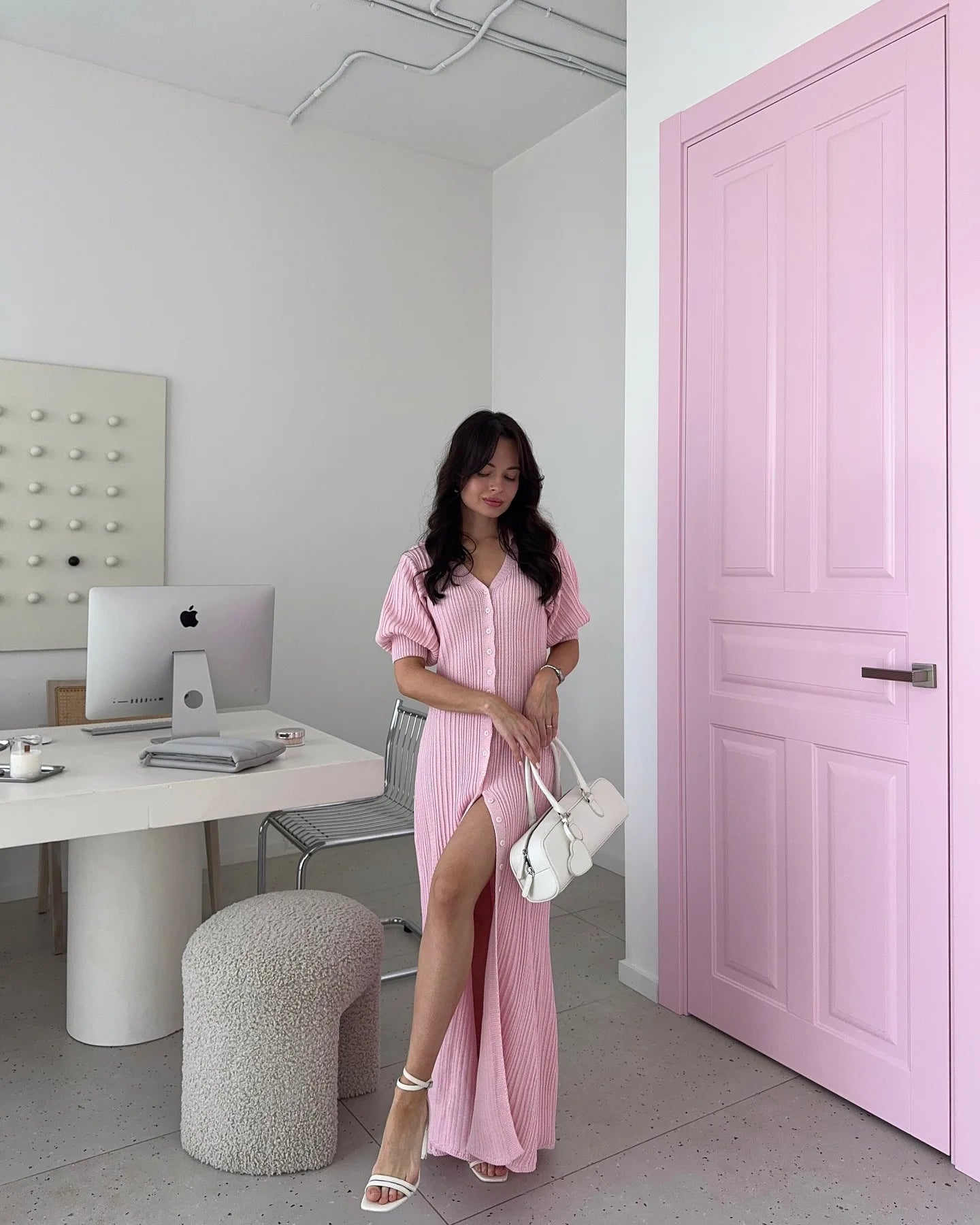 Rochie lungă tricotată Tornova cu mâneci bufante - Mărime universală, Material poliester spandex, Lungime gleznă