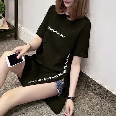 Women T-shirts Anime Y2k T Shirts Gothic tops 2023 Summer Loose Slit Femme Cotton T shirt Print Long Short Sleeve Ladies T-shirt - Golden Bridge Store