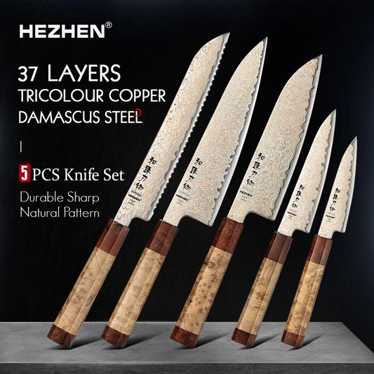 HEZHEN 1-5PC Knife Set 37 Layers Tricolour Copper Damascus Steel Chef Knife Classic Octagonal Handle Kitchen Knives Gift Box