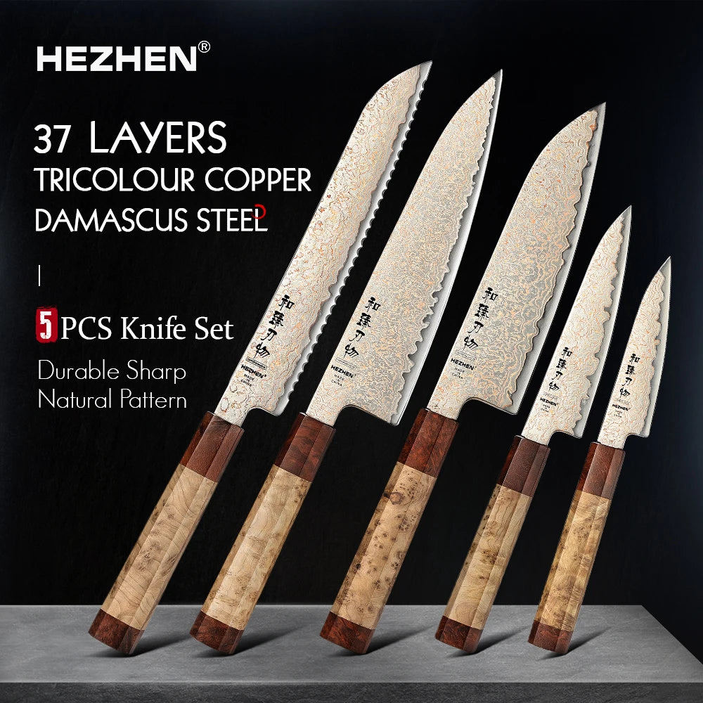 HEZHEN 1-5PC Knife Set 37 Layers Tricolour Copper Damascus Steel Chef Knife Classic Octagonal Handle Kitchen Knives Gift Box