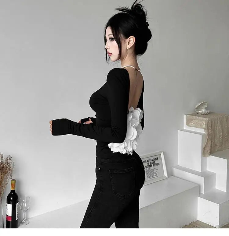 New elegant Tshirts for Women 2025 Ropa Mujer Patchwork Tops Tunic Long Sleeve Tees Backless Crop  Fashion Casual Y2k T-shirt