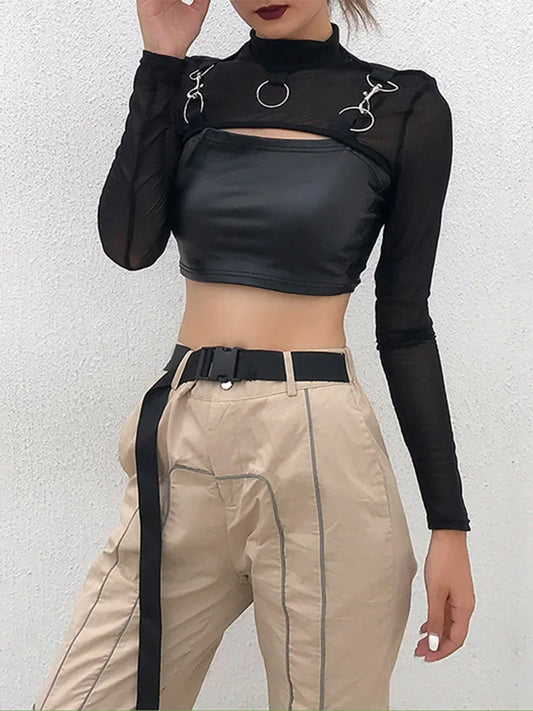 Femei T-shirt elegant hip hop gotic doamnă micro scurt metal lanț dantelă transparentă plasă mânecă lungă guler înalt topuri