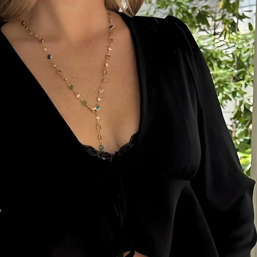 Bohemian Colorful Glass Long Y-Shaped Necklace Metal Collarbone Chain Gold Silver Color Summer Holiday Party Body Jewelry Gifts