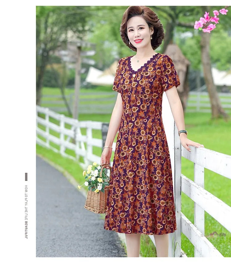 Elegant Women Dress Elegant Casual V-Neck Print Vintage Ladies Mid-Calf High Waist Summer Bohemian Dresses