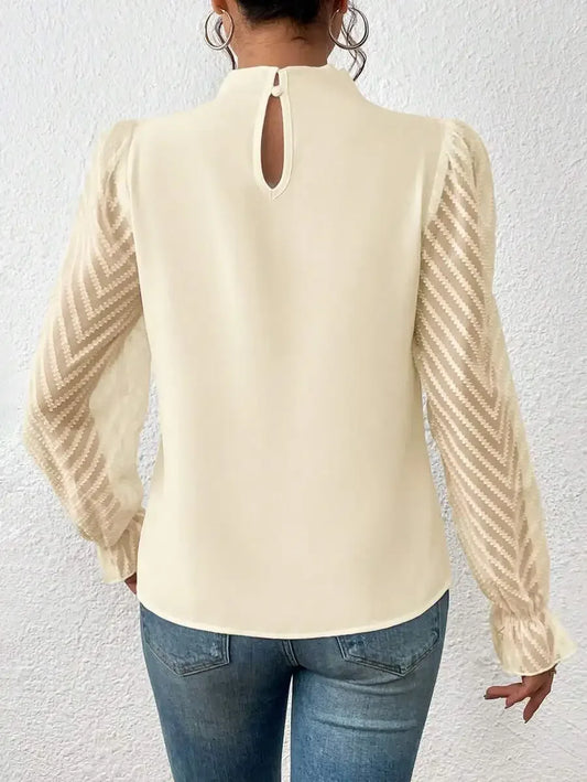 Elegant Ladies Office Shirt Tops Fashion Pleated Lace Long Sleeve T-Shirts Chiffon Shirts Casual Slim Mock Neck Blouse For Women - Golden Bridge Store
