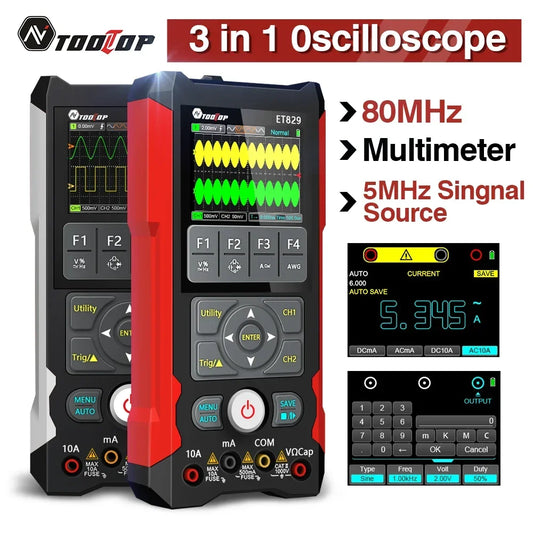TOOLTOP ET829 Osciloscop digital cu 2 canale, 80 MHz, multimetru, generator de semnal, 3 în 1, electronică, reparații auto