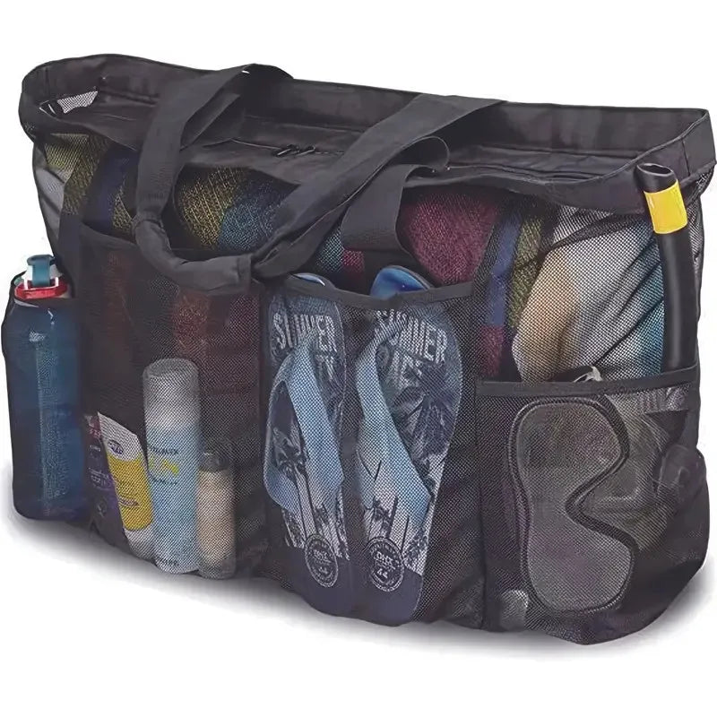 Extra Large Beach Bag - Lightweight, waterproof, foldable, with mesh straps, zippered pockets and fixed shoulder straps