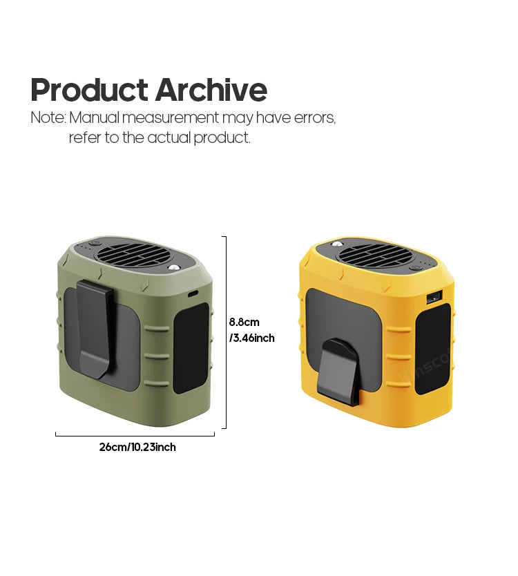 KINSCOTER Ventilator portabil pentru talie în aer liber - Ventilator multifuncțional pentru gât cu iluminare LED de 8000 mAh, baterie externă