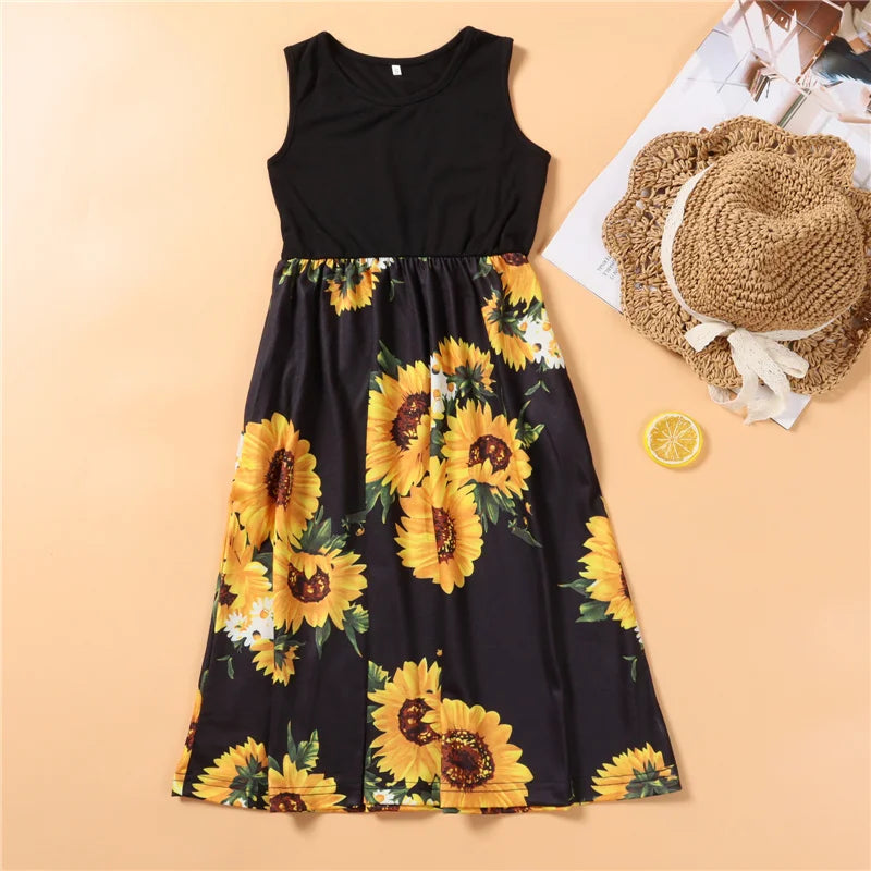 Mother Daughter Matching Dresses Family Sets Floral Fashion Woman Girls Long Dress Outfits Sleeveless Family Look Dress