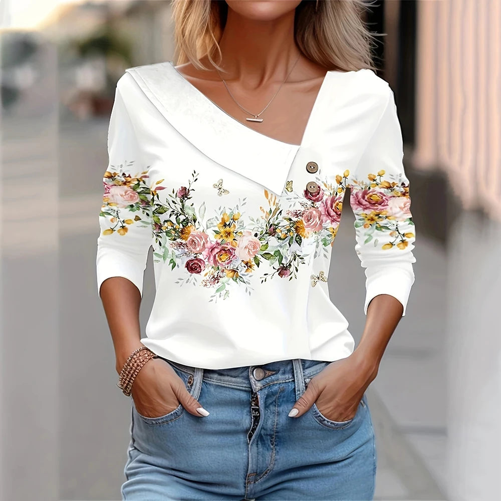T Shirt For Women Fashion Long Sleeve Top White Floral Print Shirts And Blouses 3D Print Clothes For Women 2025 y2k
