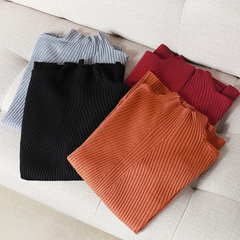 Pulover Livia cu guler înalt slim, cu nervuri - S-XL, mânecă lungă