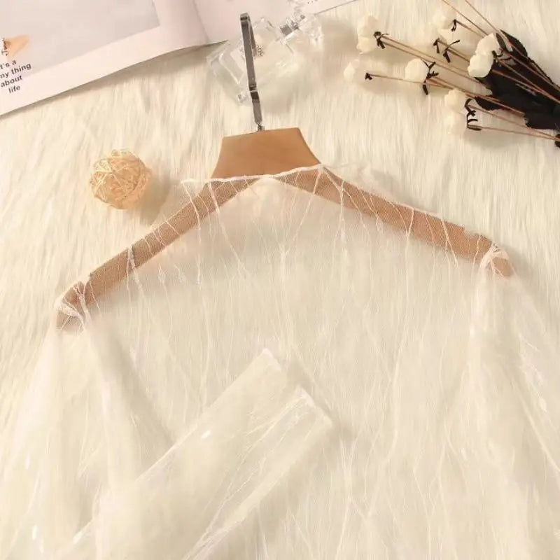 Tricou de vară pentru femei, mânecă lungă, pulover, transparent, topuri, modă doamnă elegantă, topuri din plasă, Slim, șifon, topuri, negru nou