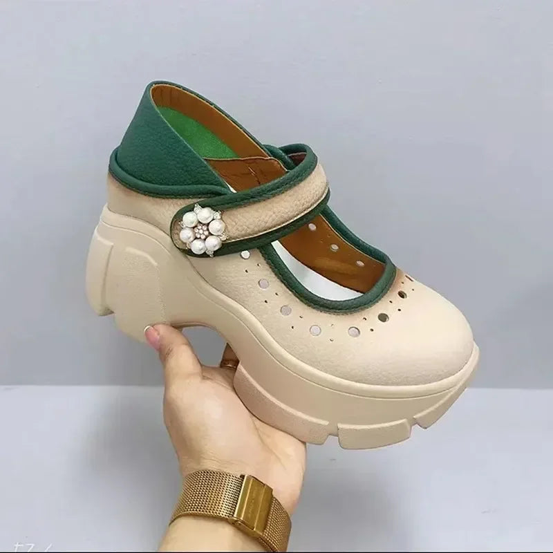 Women's Heels Shoes Summer Sneakers Platform Woman-shoes 2024 Thick Sole Roses Casual Leisure Round Toe Zip PU Retro Rubber