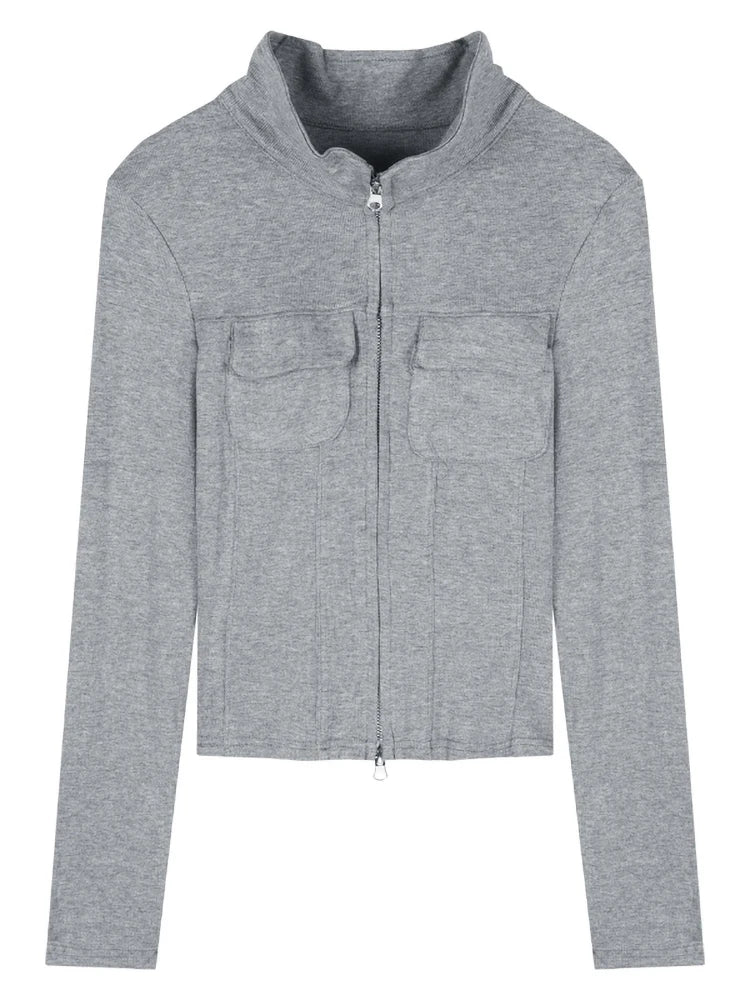 Women T-shirt Spring Autumn Clothes Ribbed Knitted Long Sleeve Short Tops Zipper Design Tee elegant Female Slim Tops