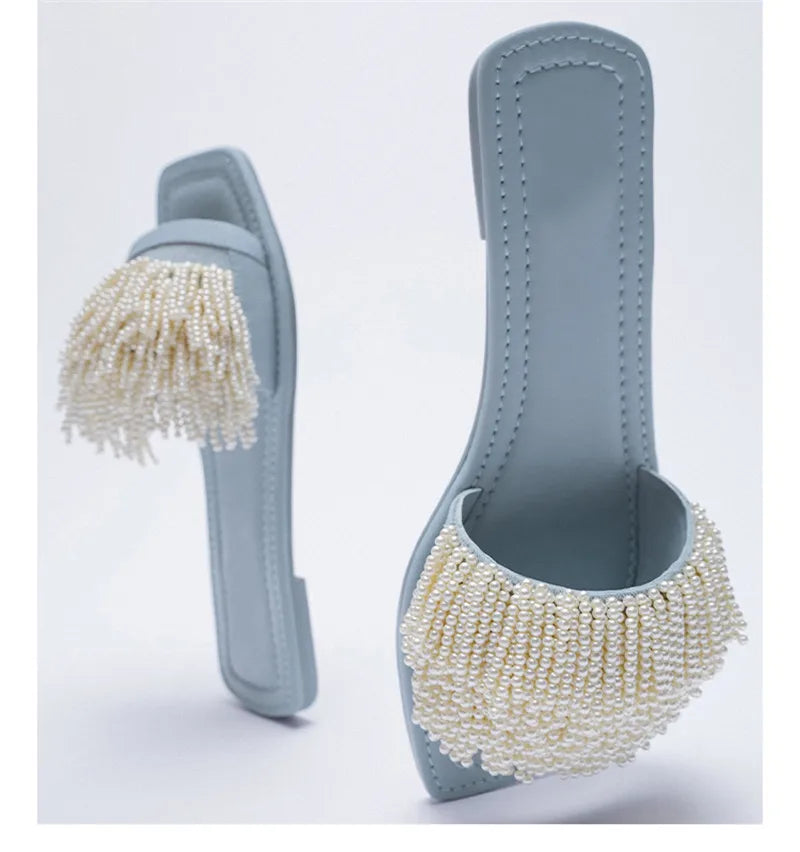 Pearl Beads Women Slippers Blue Flat Shoes Female Summer Outside Slides Ladies Casual Beach Slipper Handmade Gladiator Sandals