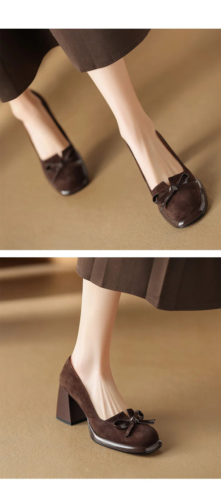 Women Shoes  Spring Retro High Heels Butterfly Knot Square Heel Faux Suede Commuting Elegant 6-8cm Pumps Tacones Para Mujer