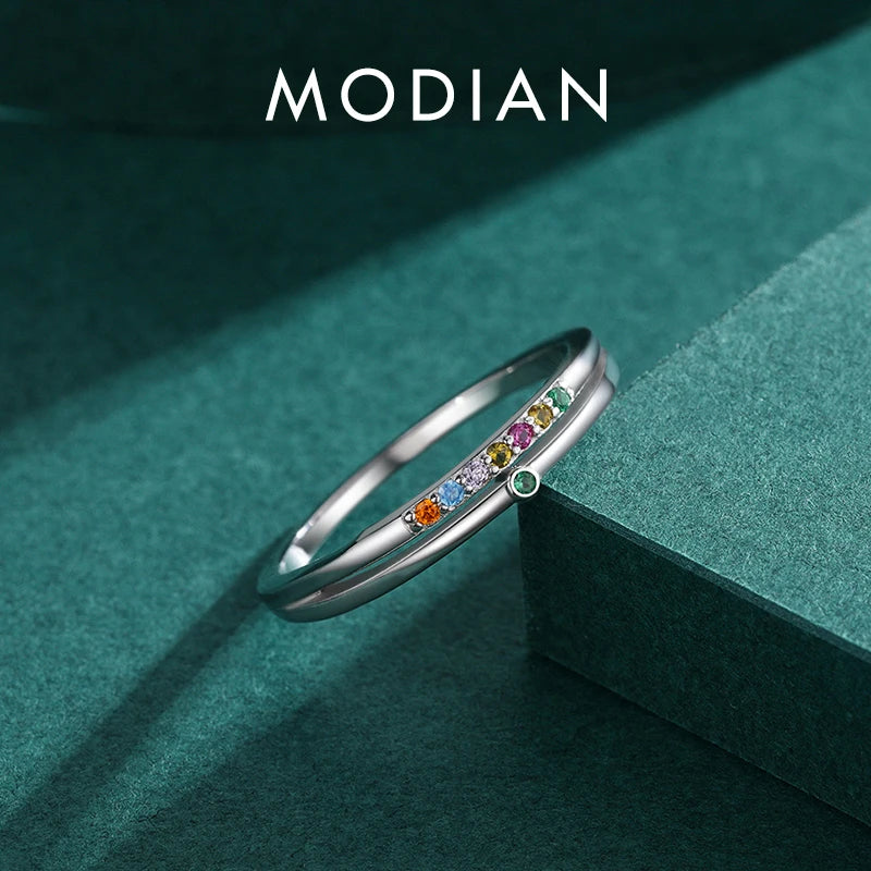 MODIAN 925 Sterling Silver Rainbow Cubic Zirconia Double Layer Ring For Women Geometric Design Ring Fashion Fine Jewelry Gifts