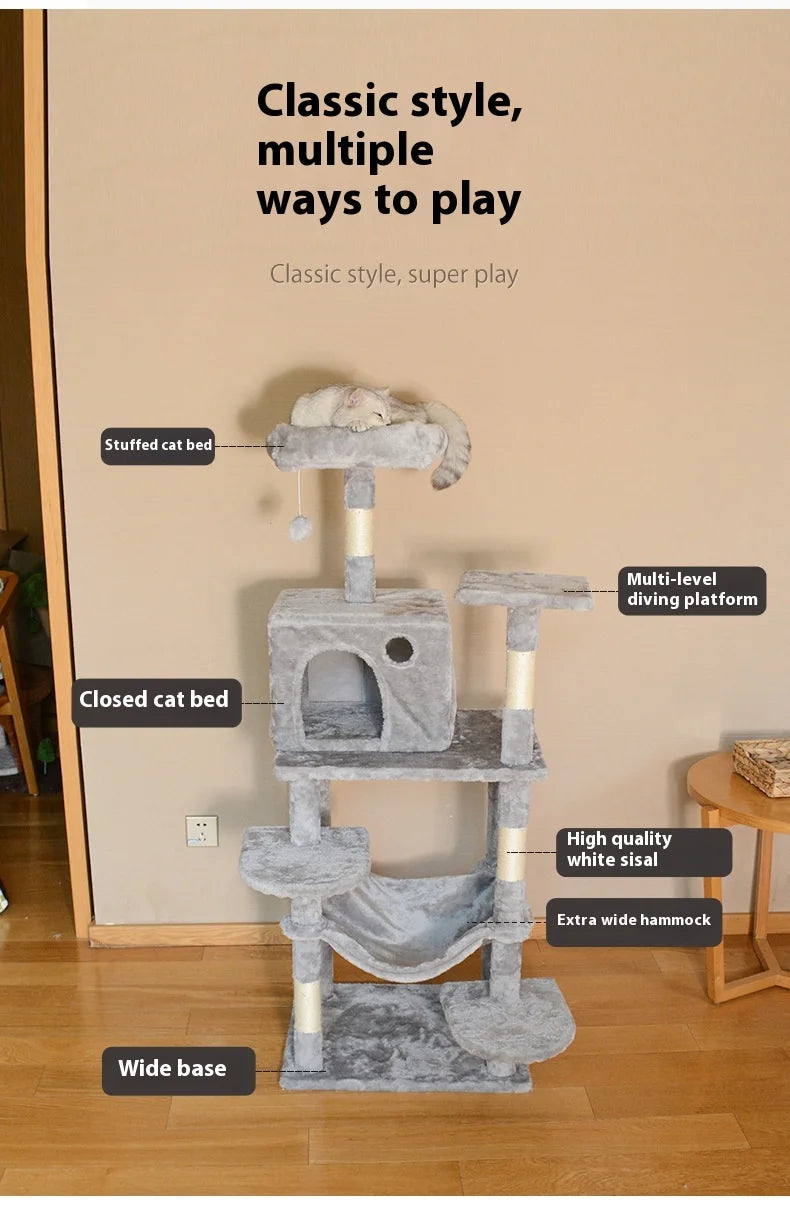 Large Wooden Cat Tree for Big Cats Multi Level Cat Climbing Tower with Scratching Posts and Cozy Condo