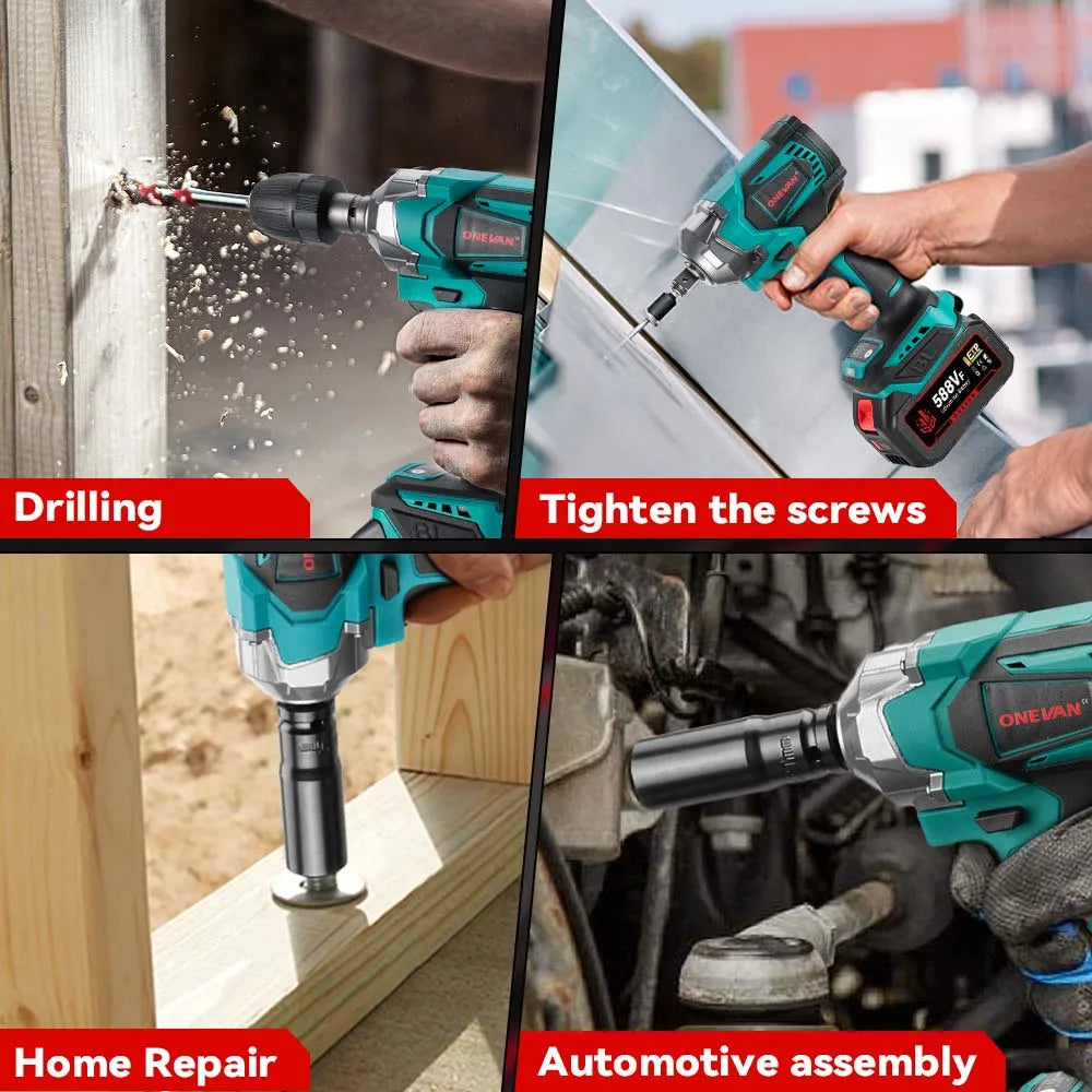 ONEVAN 1200N.M Brushless Electric Impact Wrench 3 Funtion 1/2" Cordless Screwdriver Electric Drill for BL1840B BL1850 18V Batter