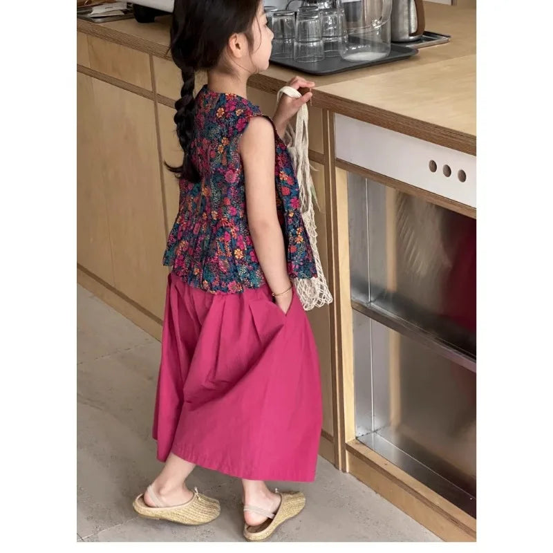 New Summer Infant Baby Girl 2PCS Clothes Set Cotton Floral Print Sleevelss T-shirt Suit Solid Soft Wide Leg Pant Kid Girl Outfit