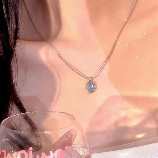 Silver Color Oval Aquamarine Pendant Necklace Ladies Girls Luxury Snake Chain Necklace Fashion Jewelry Gifts For Women New 2024
