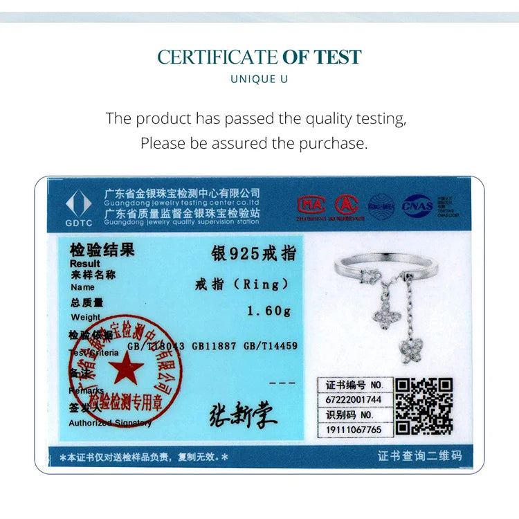 WOSTU 925 Sterling Silver Butterfly Link Open Rings pentru femei delicat strălucitor zircon reglabil inel Fine Party bijuterii cadou