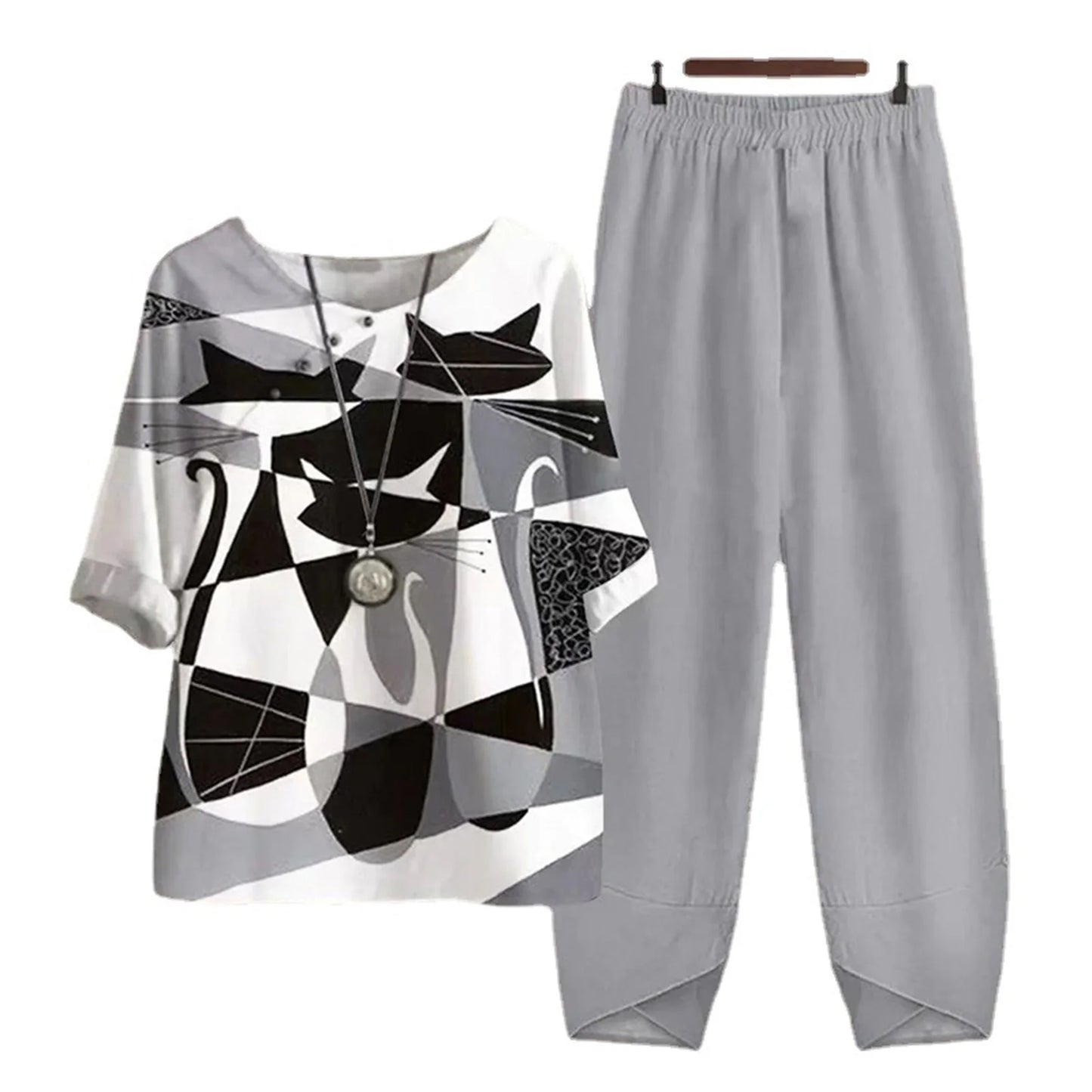 Elegant  Women Outfit Breathable Flower Pattern Blouse Trousers Half Sleeves Soft Blouse Pants Spring Clothes