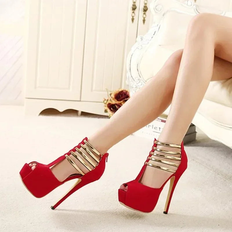 elegant High Heels Women Stilettos Platform Elegant Metal Woman Wedding Pumps Black Red Medium Heel Shoes Summer Large Size 34 45