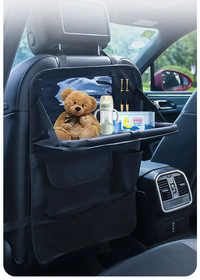 Car Seat Back Storage Bag Large Capacity Multi-Pocket Backseat Organizer Foldable Dining Table Tablet Tray Hanging Bag