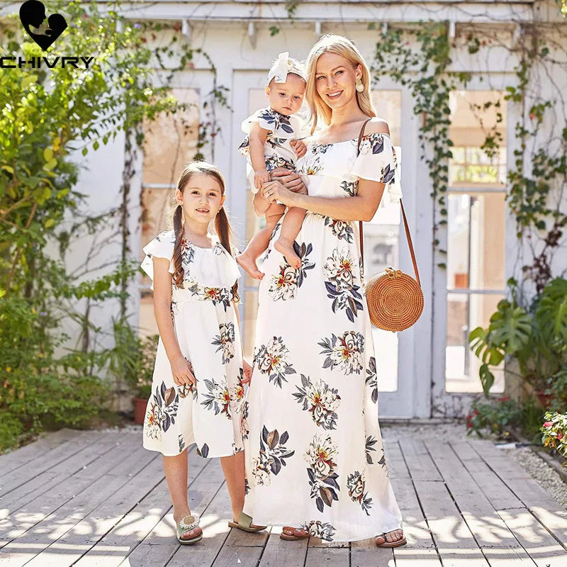 New Mother Daughter Summer Dresses Floral Slash Neck Beach Chiffon Dress Mom Mommy and Me Loose Dress Family Matching Outfits