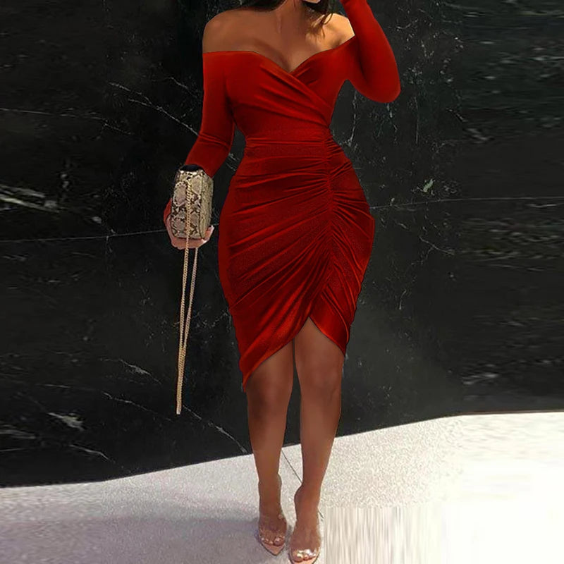 Luna Serie Elegantes Kleid Off Shoulder - Rot Langarm