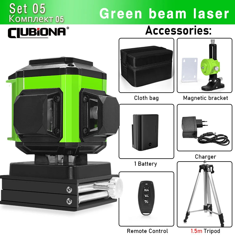 CLUBIONA 16/12 lines Self-leveling Remote Control Outdoor Mode - Receiver Auto 3x360 Green beam Line Laser Level