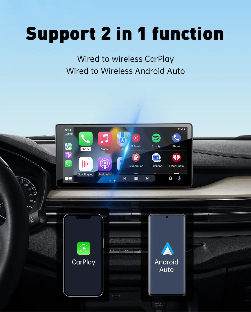 XUDA 2 în 1 Wireless CarPlay AI Mini Box 2025 - Android Auto Box Plug Play - Conexiune automată compatibilă cu 99% dintre radiourile auto pentru mașini