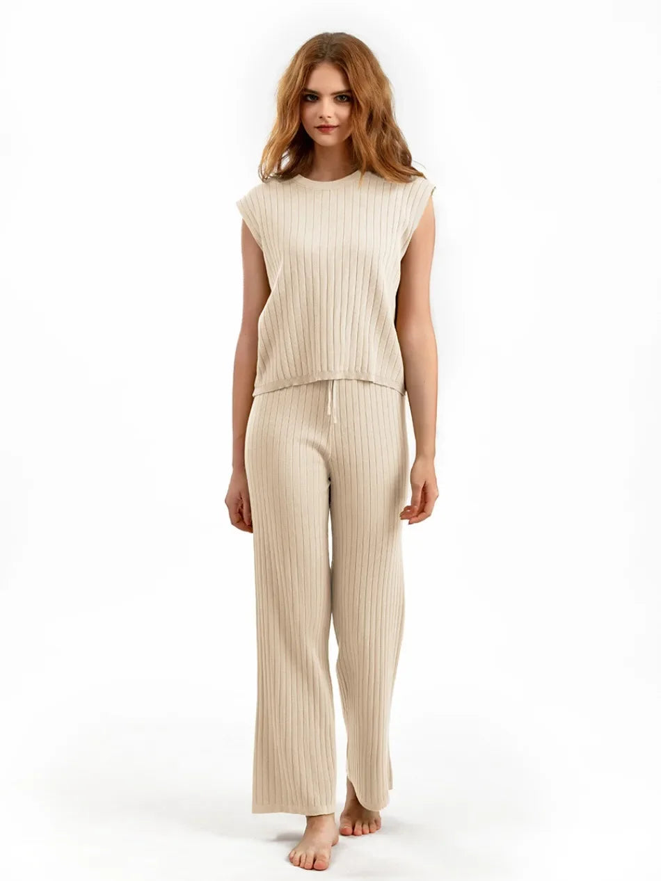 Elegant 2-Piece Sets for Women, Casual Knitting, Sleeveless, O Neck Tops, Loose Lace Up, Wide Leg Pant Set, Summer Fashion, New