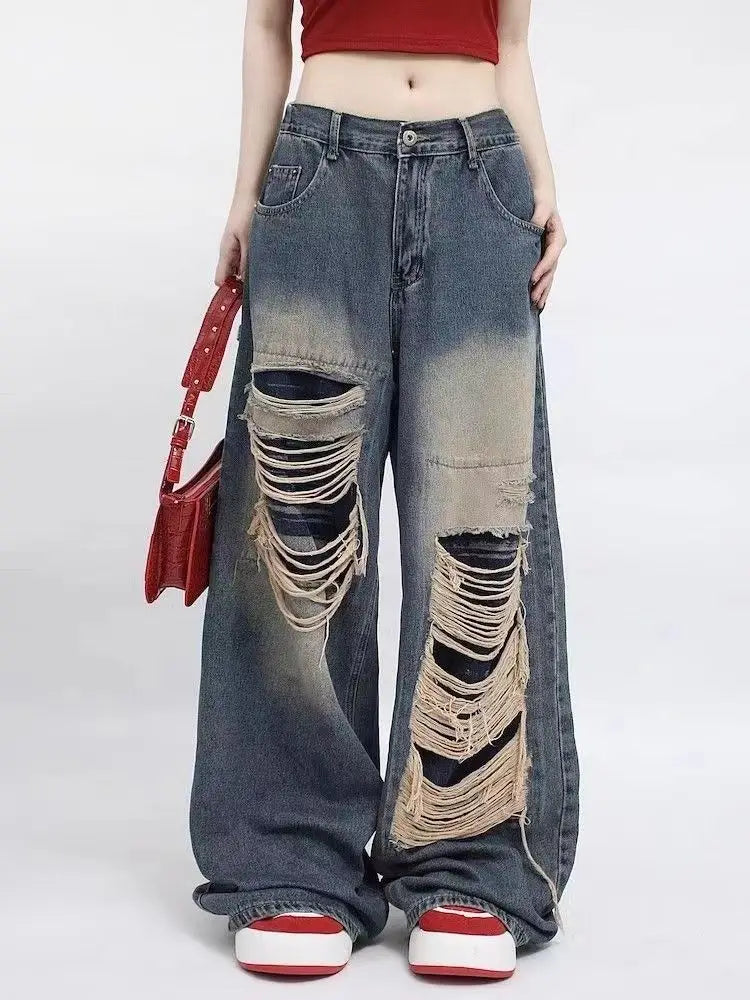 Jeans Women Hot Girls High Waist Chic Straight Trousers Simple Ripped American Street Loose Fall Fashion Leisure Newly All-match