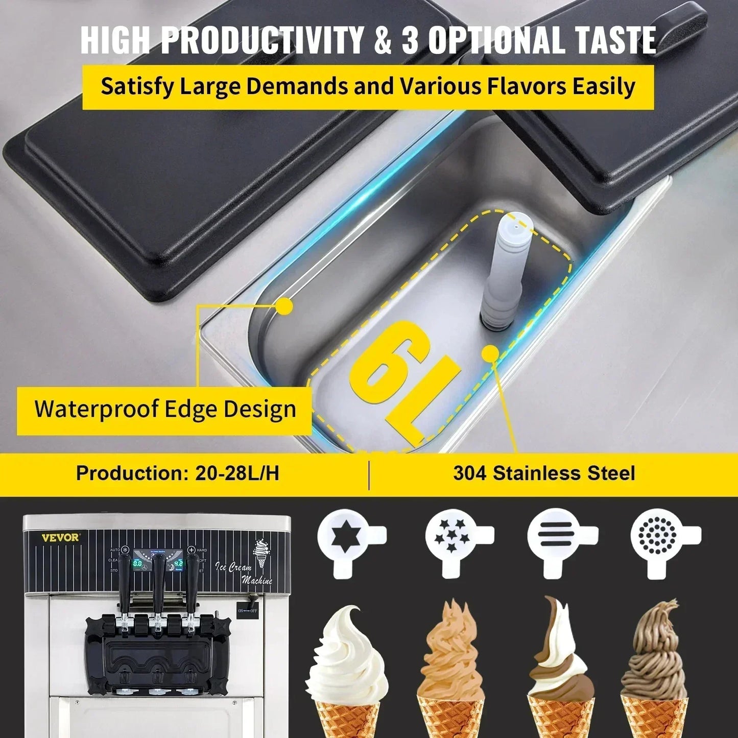 VEVOR 2200W Commercial Soft Ice Cream Maker Machine Ice Cream Maker Double 6L Hoppers Ice Cream Making Machine for restaurant