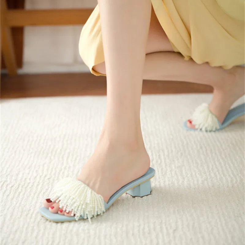 Pearl Beads Women Slippers Blue Flat Shoes Female Summer Outside Slides Ladies Casual Beach Slipper Handmade Gladiator Sandals