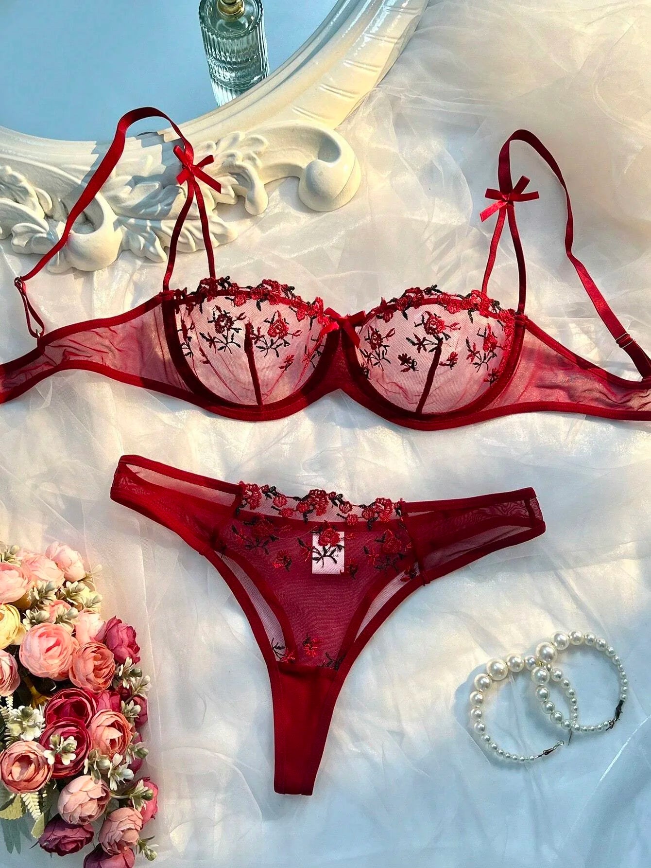 Fashion Embroidery Underwear Transparent Lingerie Sexy Floral Lace Short Skin Care Kits Delicate Fairy Set Woman 2 Pieces