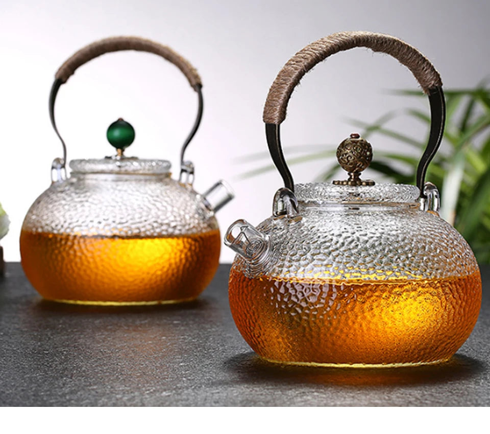 Ceainic de sticlă rezistent la temperaturi ridicate, set de ceai, ceainic de flori cu textură ciocănită manual, cu mâner pentru a face ceainic Gaiwan Pu Erh