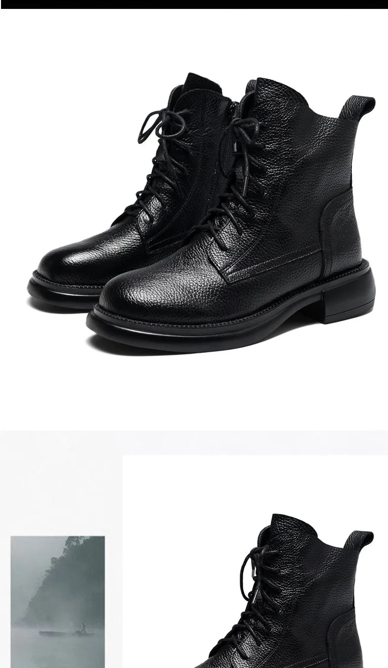 Frühling Dame Knöchel Stiefel 2025 - Echtes Kuh Leder Platform Schuhe - Frauen Winter Jugend Mädchen Weiche Sohle Dicke Absatz Ritter Schnee Stiefel