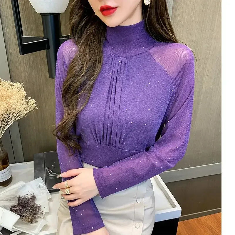 Tops Woman Autumn Winter Red Long Sleeve T Shirt for Women Rhinestone Turtleneck Glitter Sequin Cheap Clothes Elegant Clearance - Golden Bridge Store