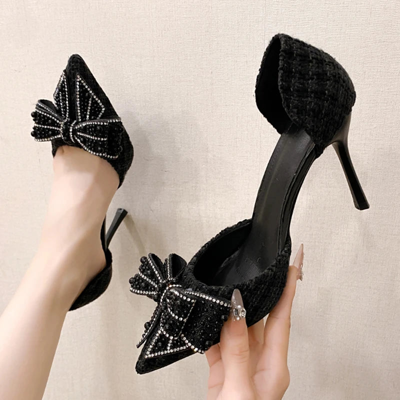 Elegant Pearl Bowknot Bride Wedding Shoes Woman elegant Pointed Toe Stiletto High Heels Pumps Women Shiny Crystal Dress Party Shoes